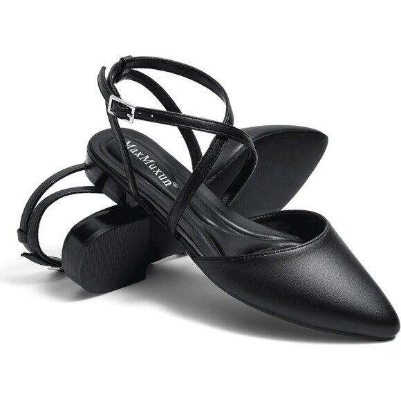 🆕Women's Black Pointed Toe With Adjustable Ankle Strap Dressy Slingback Flats - Picture 2 of 6